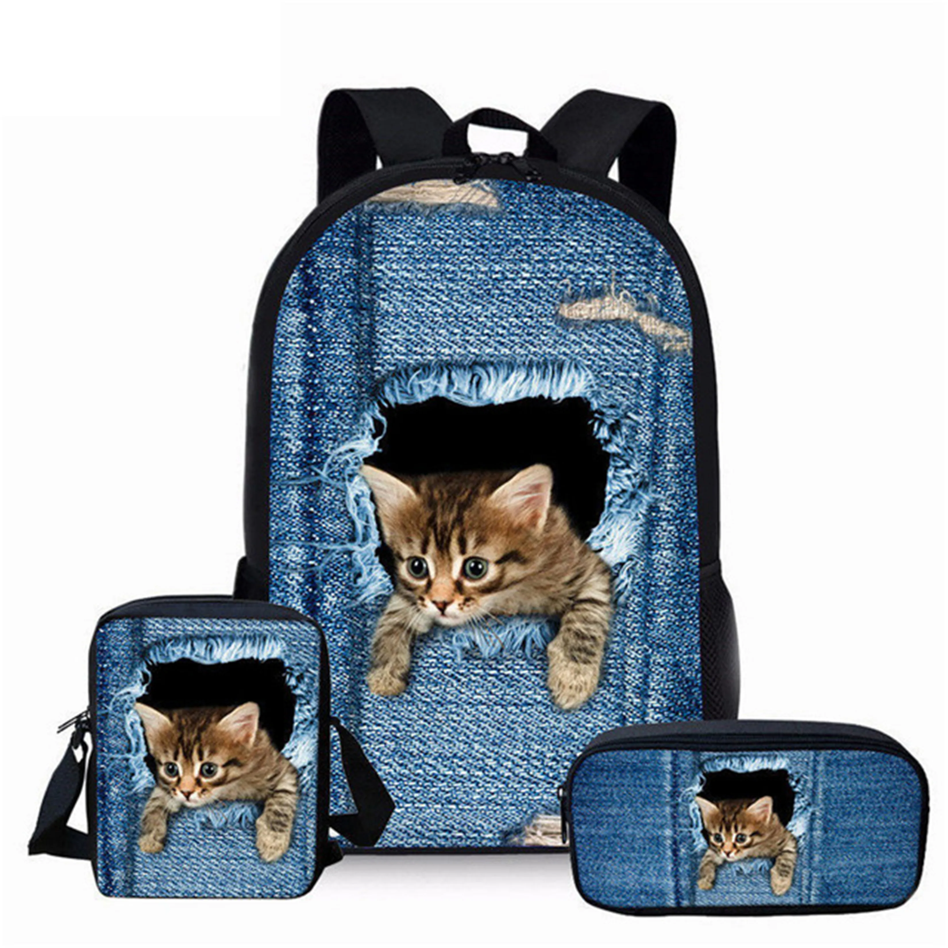 

Customized Adorable Cat Cowboy School Bags 3Pcs/Set Cool Animal Print Backpack For Girls Boys Satchels Kids Bag Cartoon Bookbags