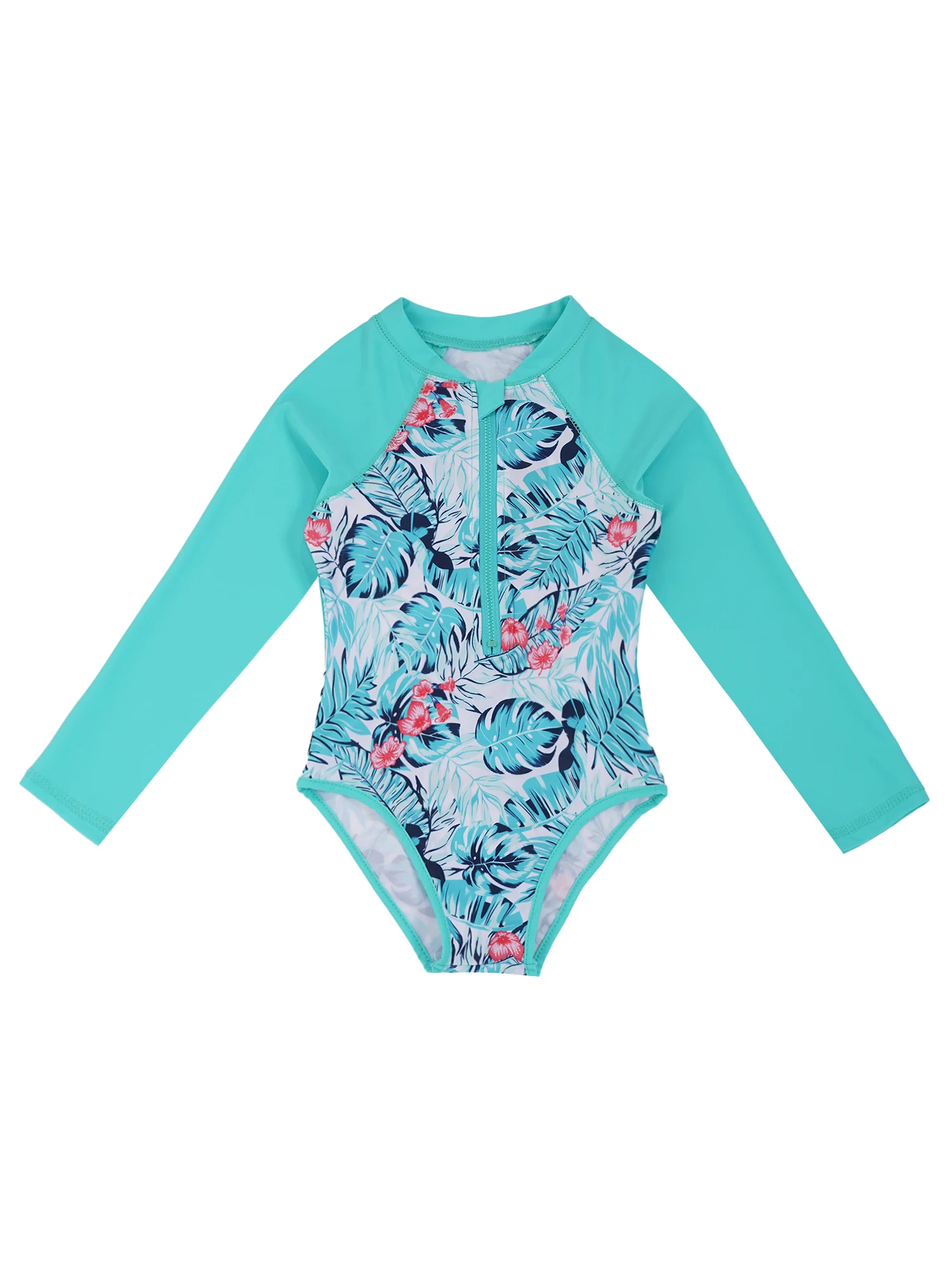 Kids Girls Children Swimwear Long Sleeves Floral Printed One-Piece Zippered Swimsuit Beachwear Swimming Bathing Suit Rash Guard