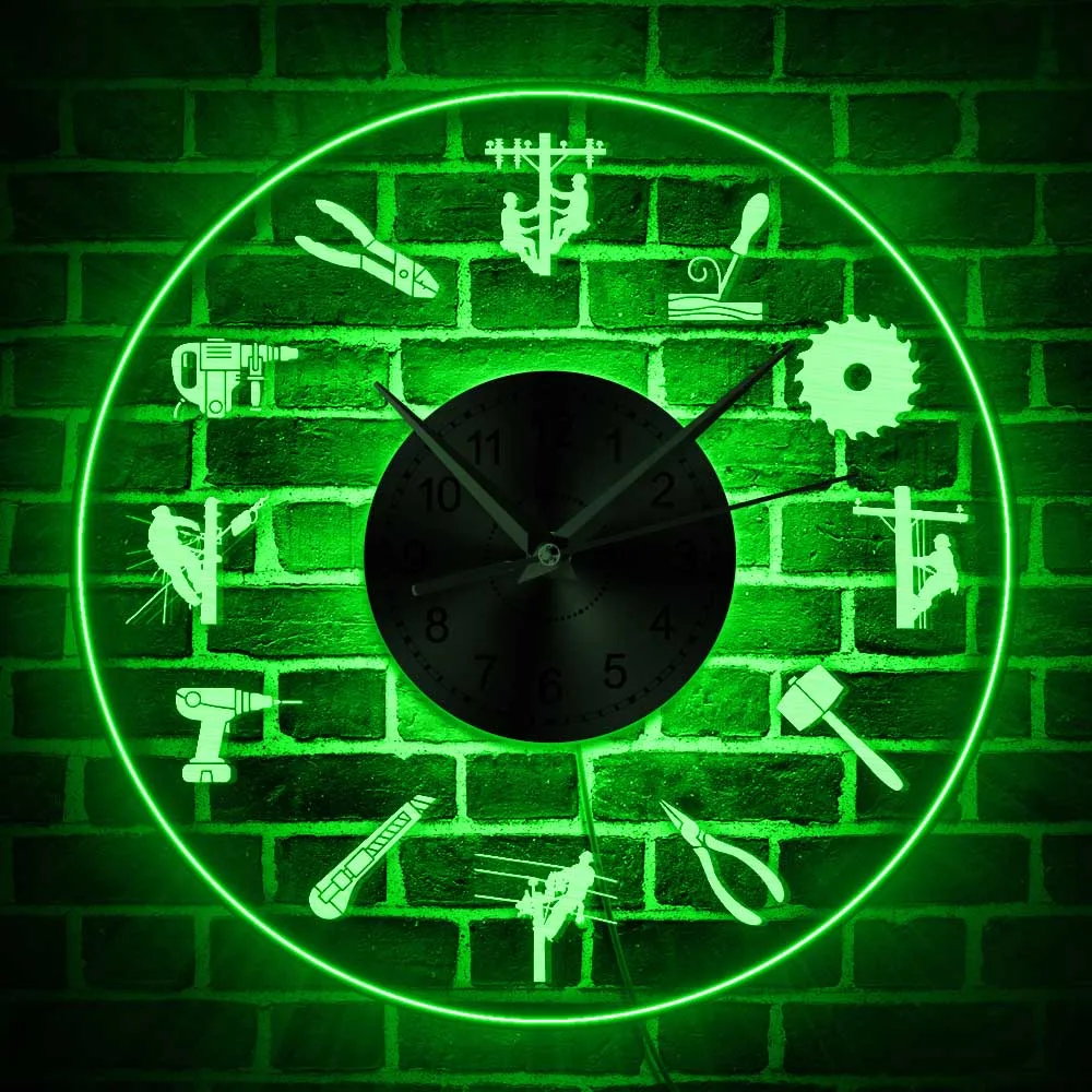 

Power Electrician Lineman Silhouette Wall Clock with LED illumination Lineworker Electrician Color Changing Decor LED Wall Light