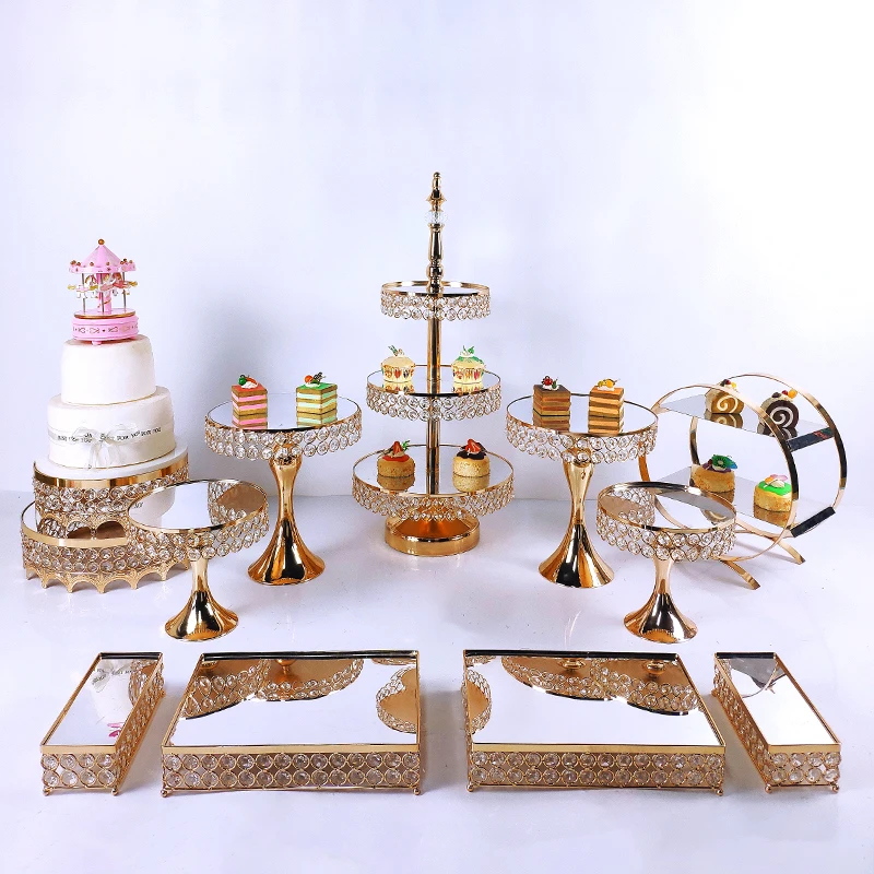 5-14pcs Crystal Metal Cake Stand Set  Acrylic Mirror Cupcake Decorations Dessert Pedestal Wedding Party Display Tray