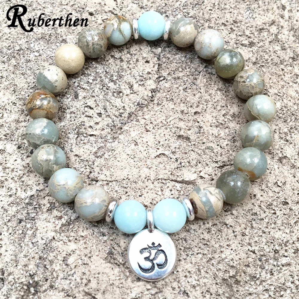 Ruberthen 8 MM Aqua Terra Jasper Bracelet Natural Gemstone Beaded Bracelet Ohm Charm Yoga Bracelet Womens Mala Bracelet