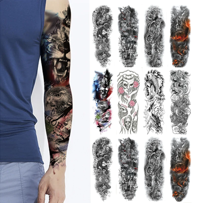 Large Arm Waterproof Temporary Tattoo Sticker Full Arm Large Skull Tatoo Stickers Flash Fake Tattoos for Men Women Fierce Animal