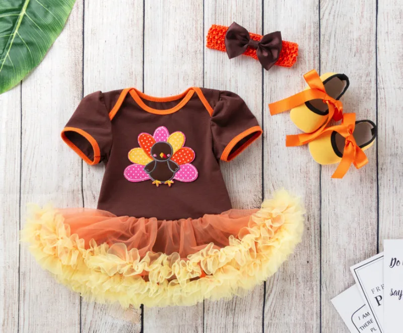 New Girls Thanksgiving Clothing Sets gifts Cute newborn Turkey rompers lace tutu dress toddler shoes hairband 0-2 years old baby