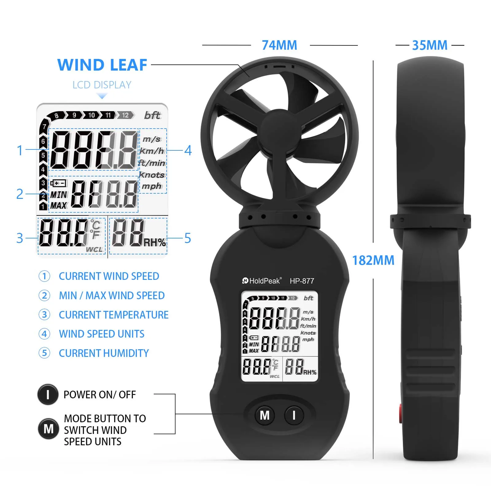 Imagem -02 - Holdpeak 877 Medidor de Velocidade do Vento Digital Anemômetro Handheld com Luz Traseira Led para Velocidade do Vento Temperatura do Vento Umidade do Vento