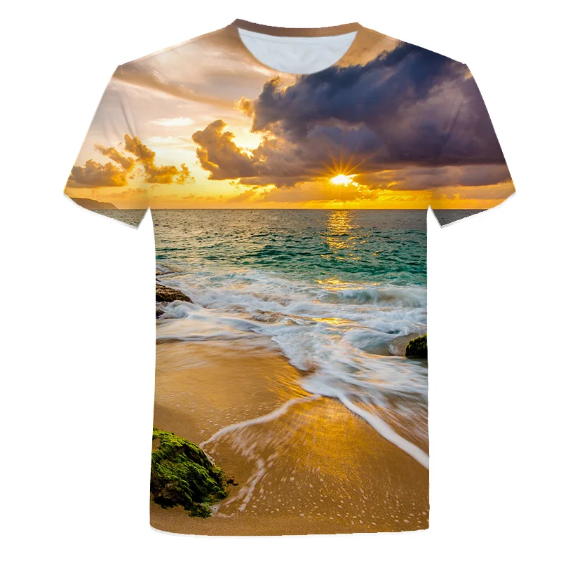 Summer Seaside Scenery Graphic t shirts Fashion men\'s t-shirts With Casual Beach Style 3D Print Nature Landscape Pattern T-shirt