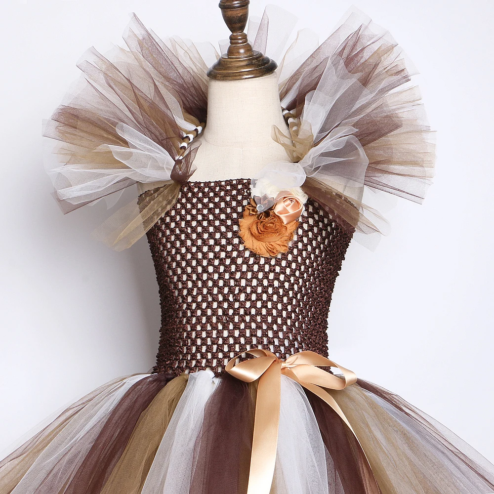 Wild Lion Mane Tutu Dress Brown Flowers Kids Girls Birthday Party Dress bambini Halloween Cosplay Animal Dress Costumes 1-12Y