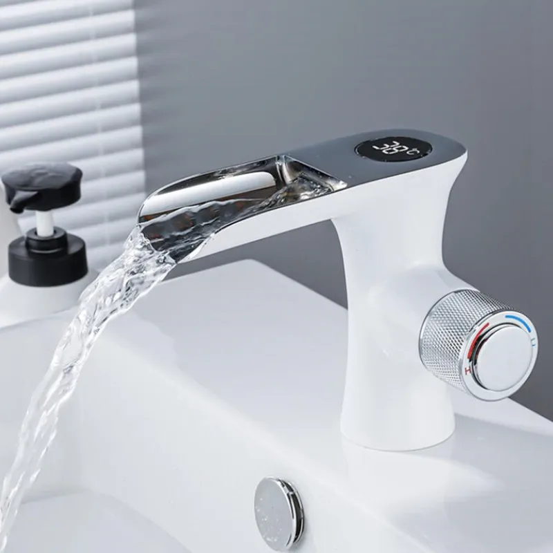 Basin Faucet Black Bathroom Hot and Cold Temerature Digital Show Brass Waterfall Basin Water Sink Mixer Crane New Arrival