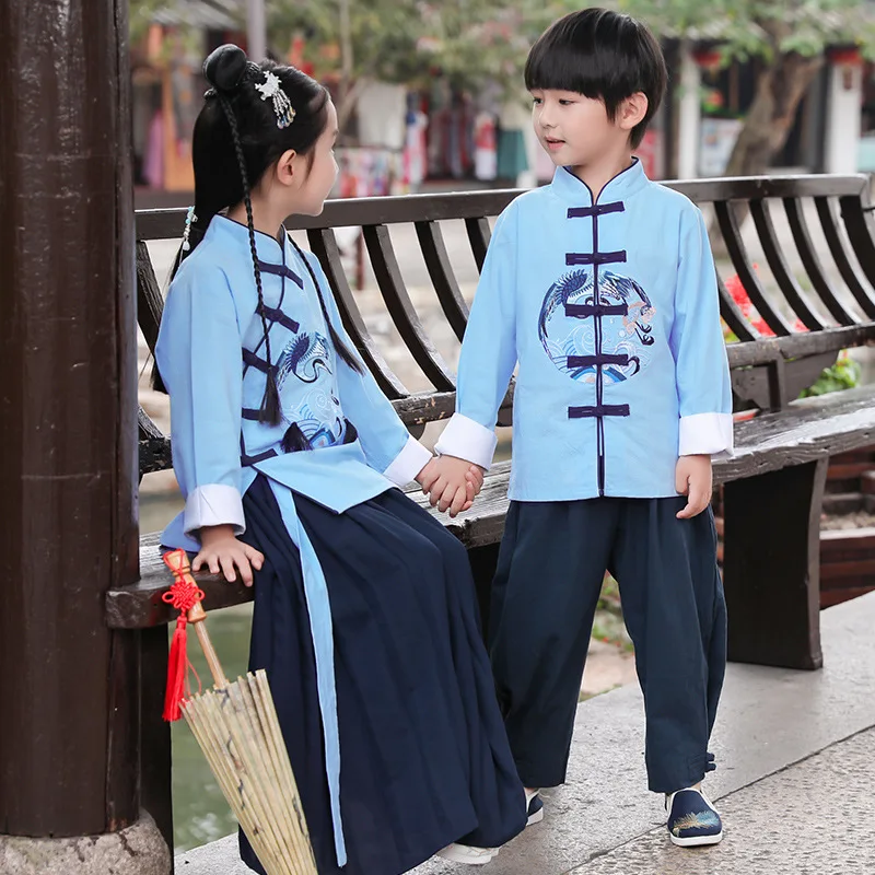 Chinese Hanfu Traditional Crane Embroider Kids Clothes Set Children Tang Suit Girls Party Dress Boys Kung Fu Tops Skirts Pants