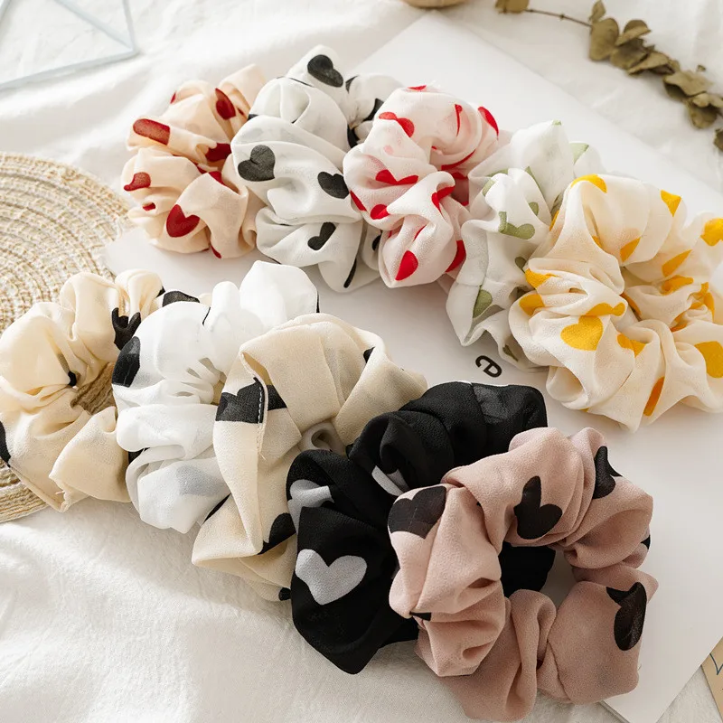 Ruoshui Printed Chiffon Hair Ties Woman Girls Scrunchies Heart Hairband Femme Hair Accessories Girls Rubber Band Ladies Headwear