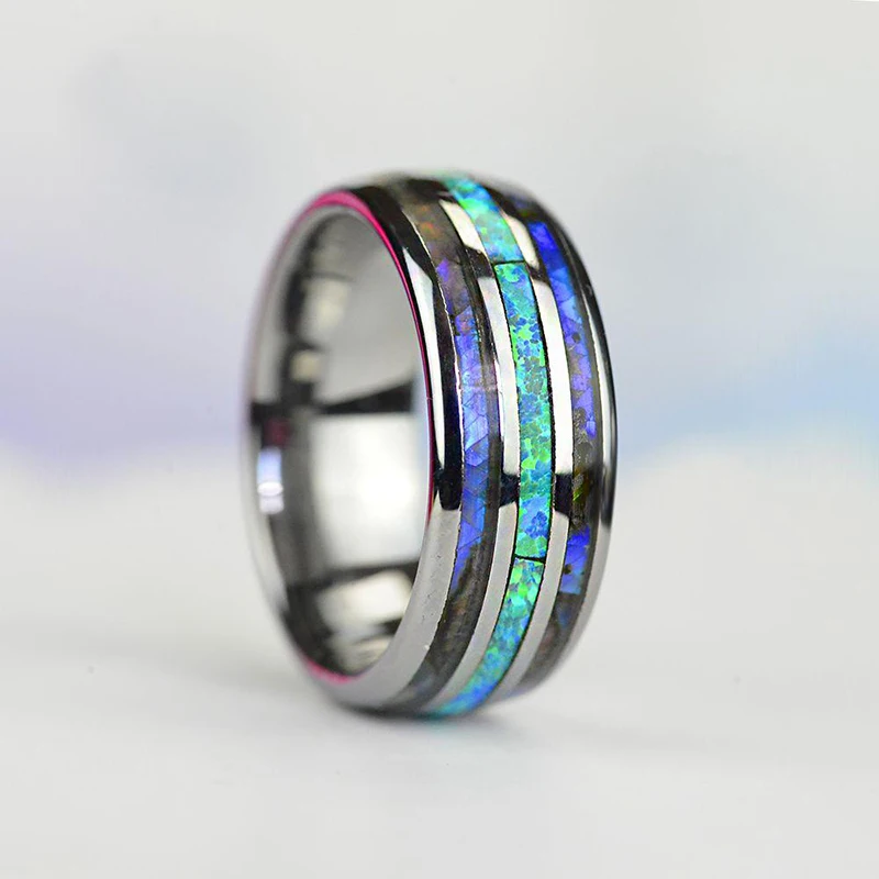 Fashion 8mm Silver Color Stainless Steel Ring For Men Abalone Shell Inlay Wedding Band Ring Fashion Men's Accessories Size 6-13