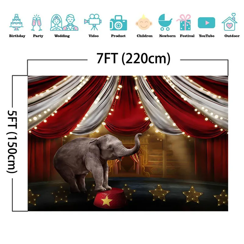 Mocsicka-Fondo de circo con elefante, fiesta de cumpleaños, estudio de fotografía, tienda de campaña a rayas rojas y blancas, fondo fotográfico, pastel de bebé