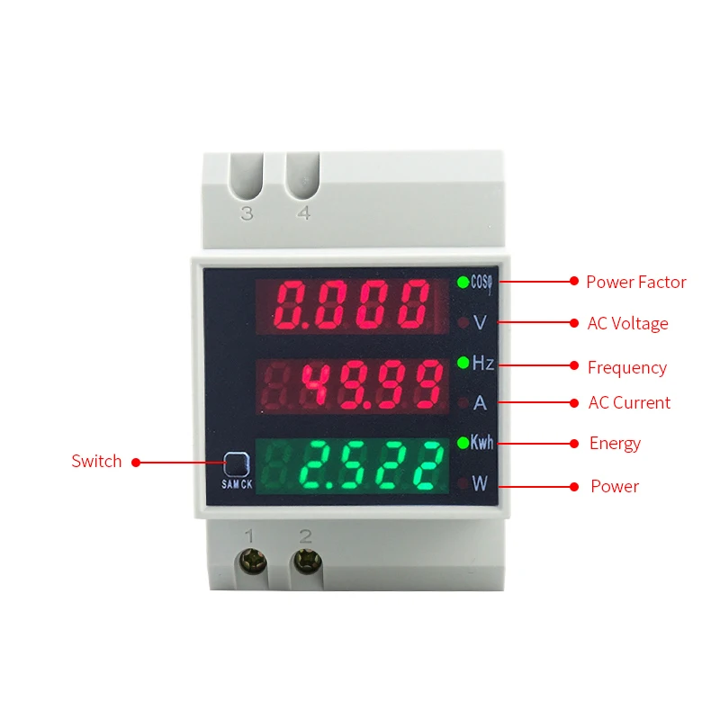 D52-2058 Wattmeter Din Rail Volt Stroom Meter Power Factor Digitale Meter AC80-300V Multifunctionele Kwh Hz Meter 0-100A