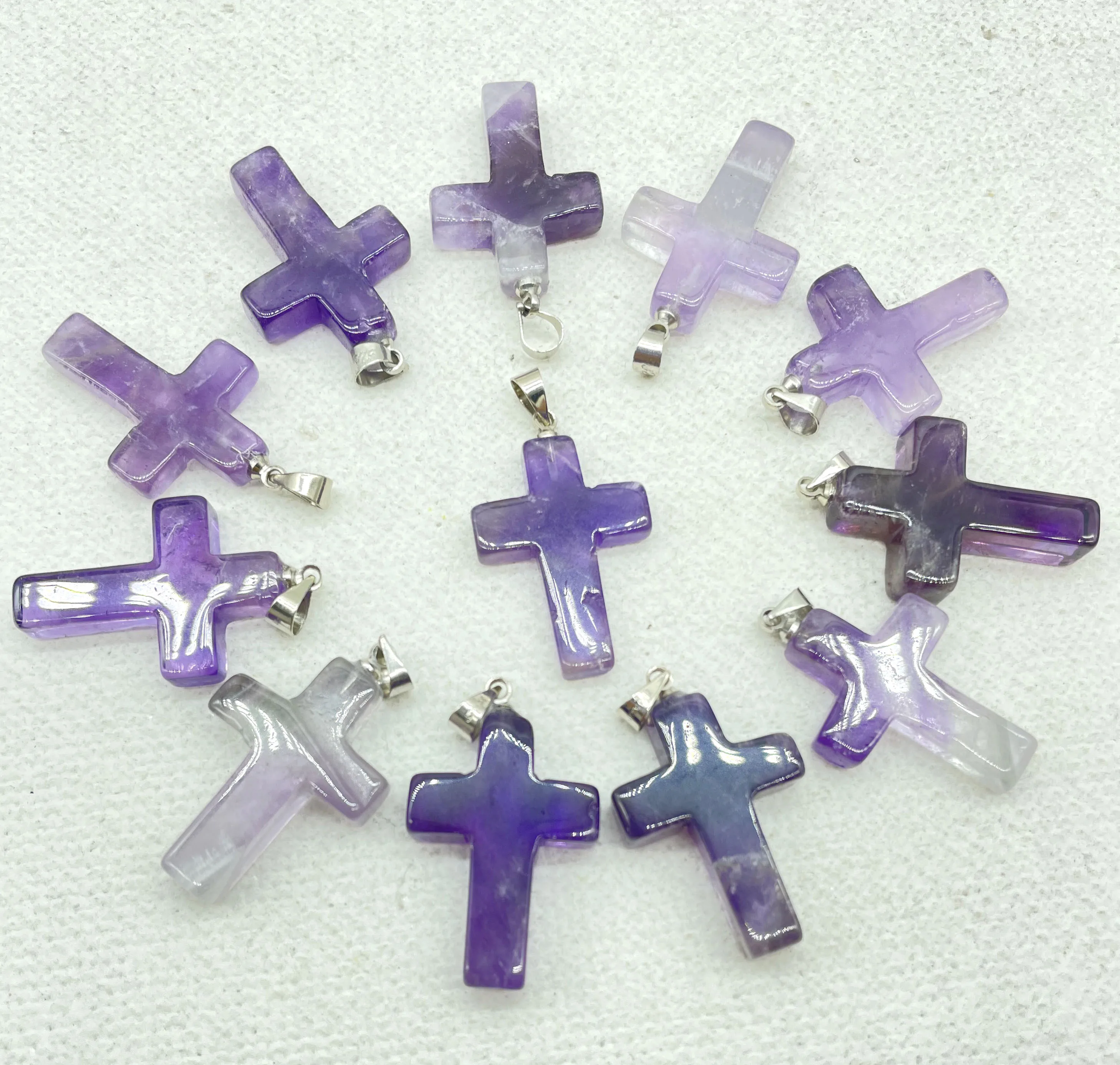 High quality Natural Gem stone Quartz Crystal amethyst Cross pendants for charm Diy Jewelry making Necklaces Accessories 24PCS