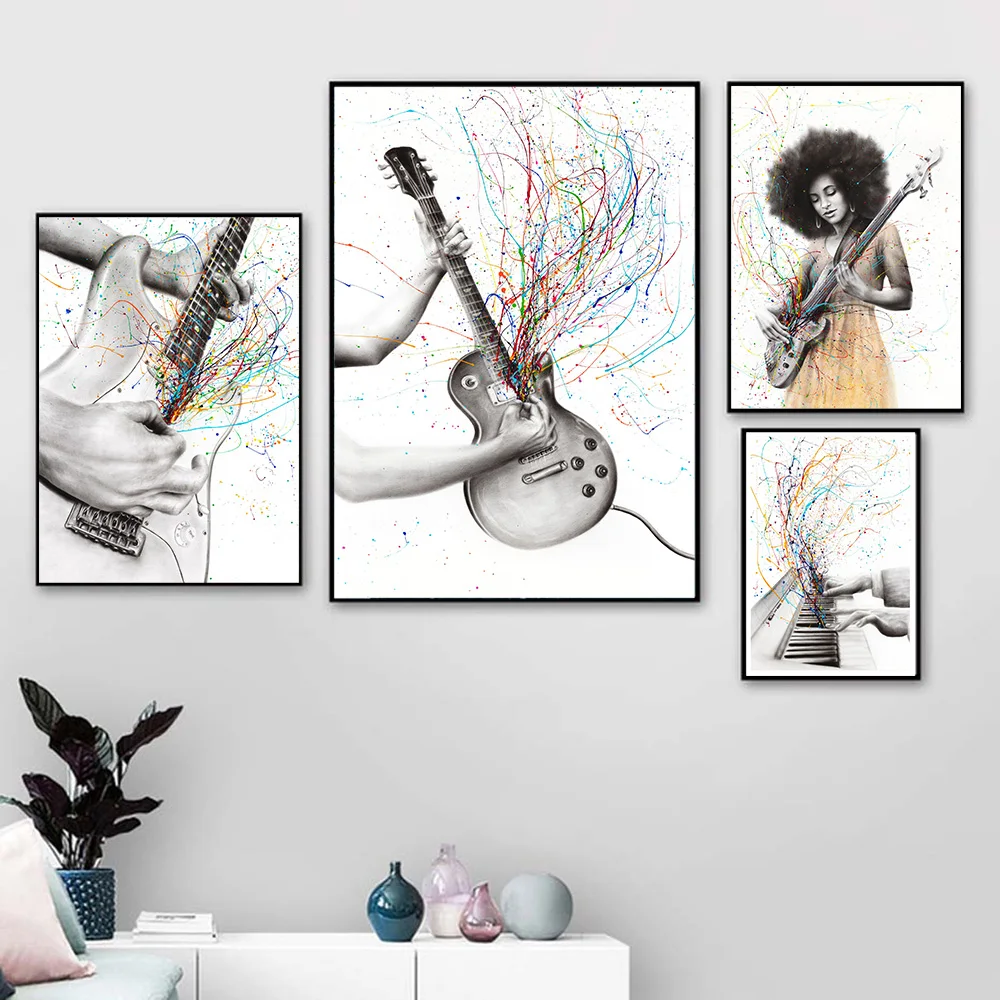 Piano Colourful Note Wall Painting Cool Girl Play The Guitar Posters and Prints Nordic Wall Pictures for Living Room Home Decor