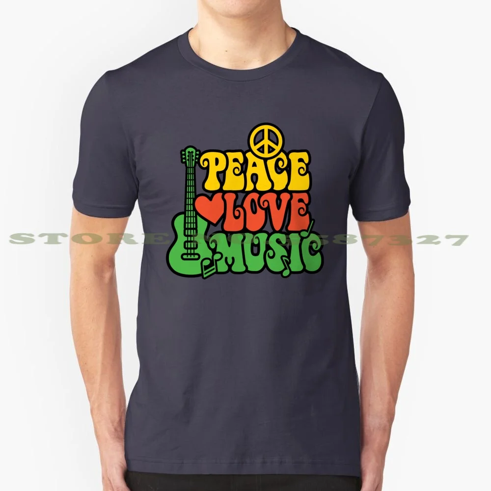 Reggae Peace - Love - Music 100% Cotton T-Shirt 1960S 1970S 60S 70S Clip Art Background Guitar Reggae Rasta Colorful Colors