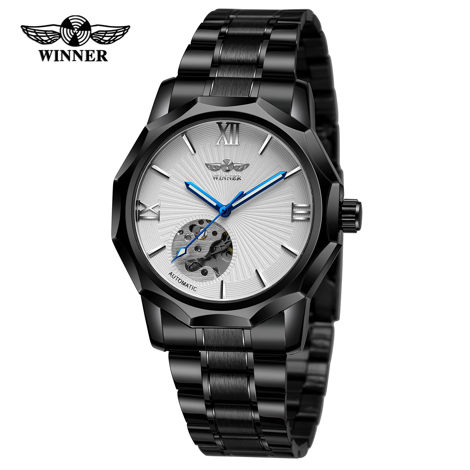 WINNER Business men's and women's black watches folding buckle strap watches automatic mechanical wrist watches