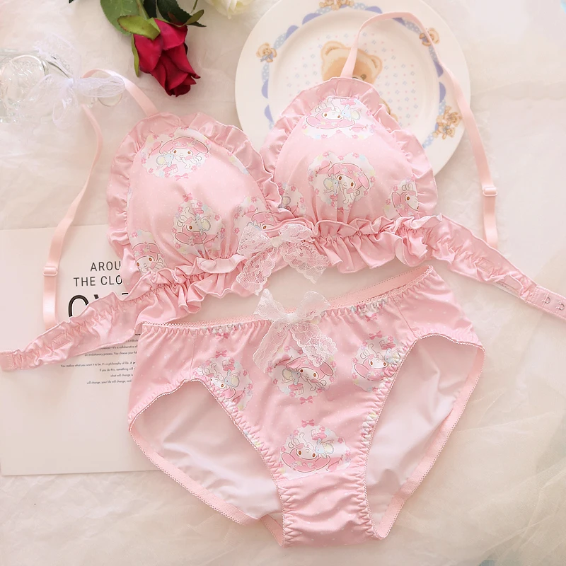 Lolita Women\'s Cute Milk Ruffle Anime Print Bra & Panties Lingerie Set Japanese Girl Bras Briefs Underwear Lovely Pink Bra Set