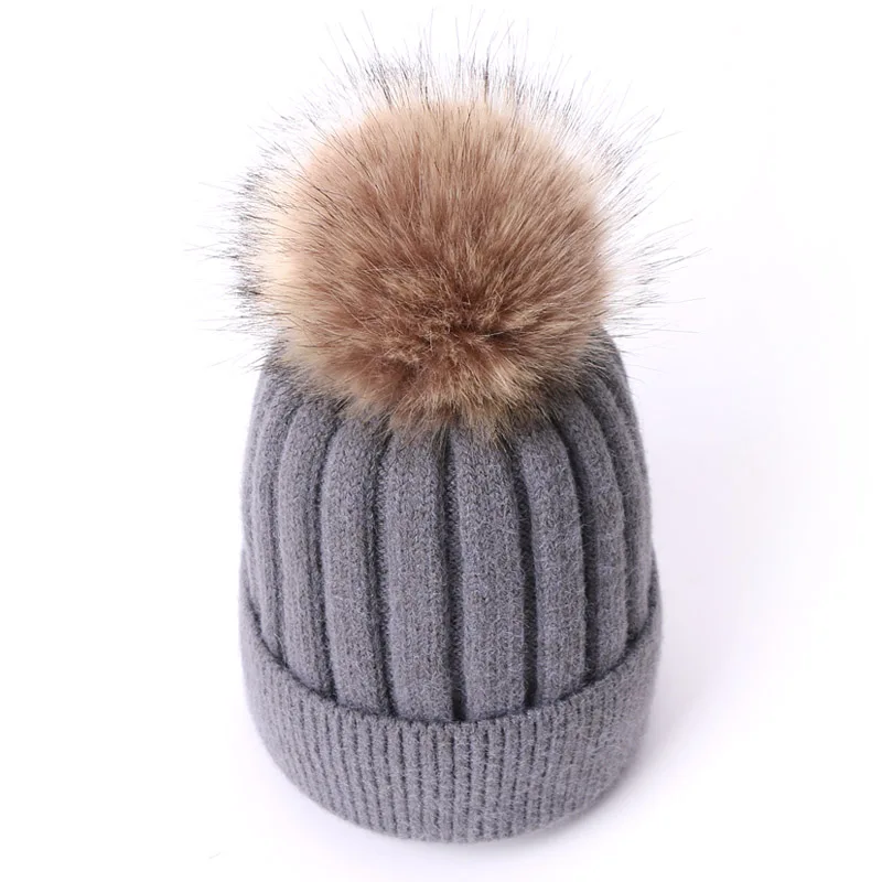 Winter Knitted Beanie Hat With Faux Fur Pompon For Women Winter Outdoor Warm Crochet Wool Hat Fashion Solid Color Ski Cap Bonnet