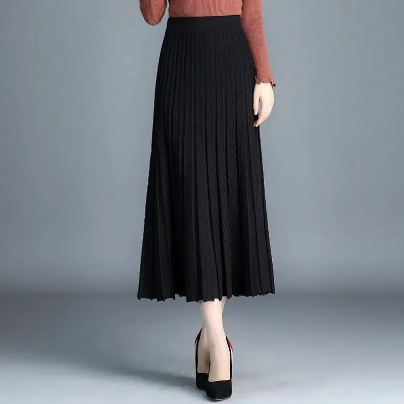 Thickened Knitting Skirt Autumn and Winter Women\'s Pleated Skirt Long A- line Skirt Woman Skirts Mujer Faldas Saias Mulher