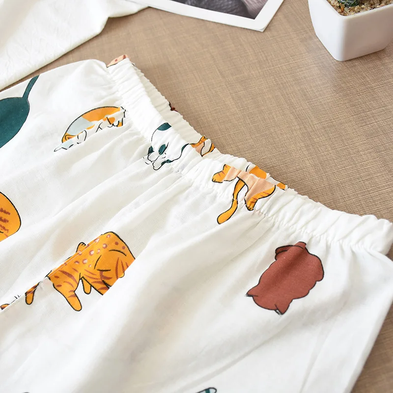 Japanische Sommer-Damen-Pyjamas, zweiteilig, 100% Baumwollgaze, dünn, kurzärmelig, Shorts, niedlicher Katzen-Cartoon, Hausanzug-Set für Frauen – Detail 12