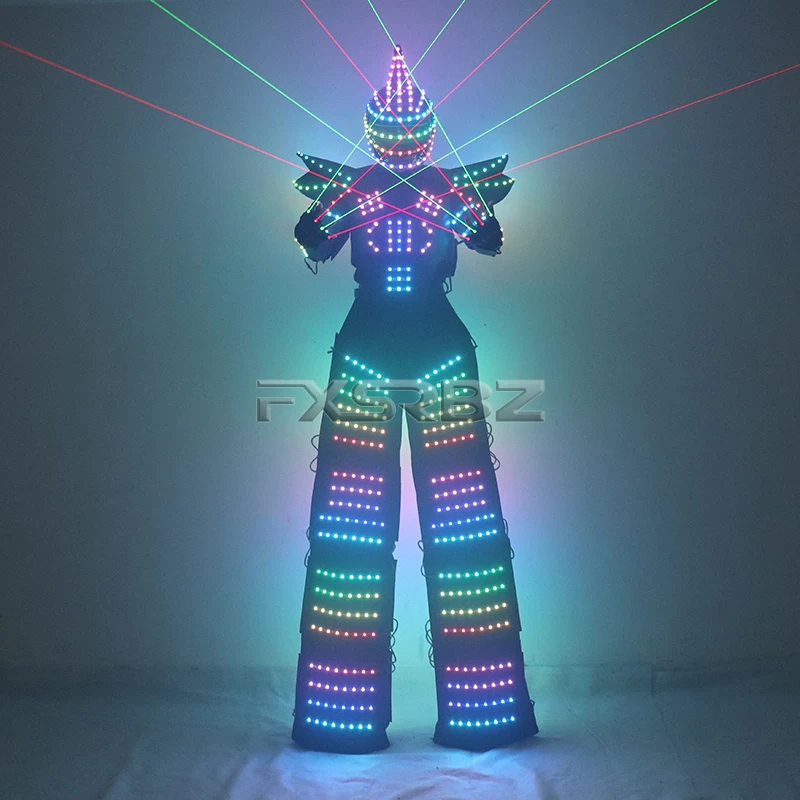 Full Color Pixel LED Robot Costume Clothes Light Up Stilts Walker Clothing Helmet Laser Gloves LED Luminous Jacket Suit