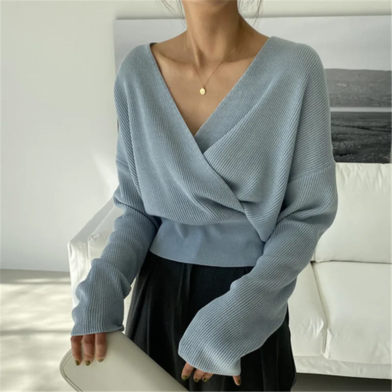 2021 New Spring Women tops Simply Solid Knitted pullovers V-neck Long sleeve Cotton Korean fashion style female tops