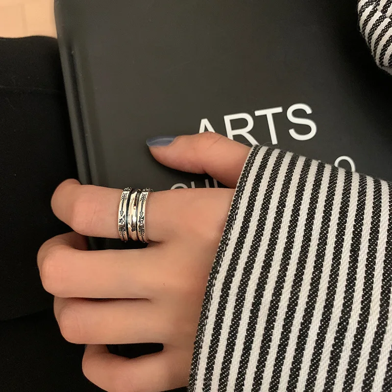 QMCOCO Simple Vintage Silver Color Geometric Wide Ring Unique Design Arrow Star Pattern Light Luxury Punk Ring Men Women Gifts