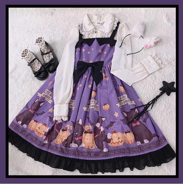 Halloween Gothic Vintage Ngọt Ngào Lolita Dễ Thương In Nơ Cao Cấp Victoria Đầm Kawaii Cô Gái Gothic Lolita Jsk Cos