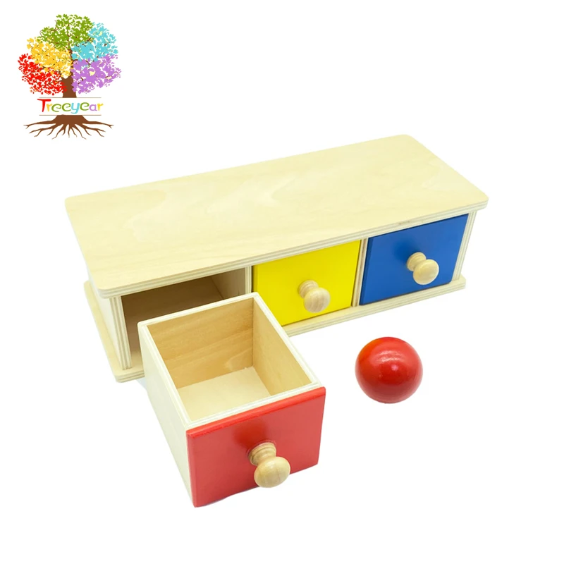 Treeyear Montessori Object Permanence Box with Tray and Ball for Kids Toddlers Early Educational Toys(Three Color Ball Drawer)