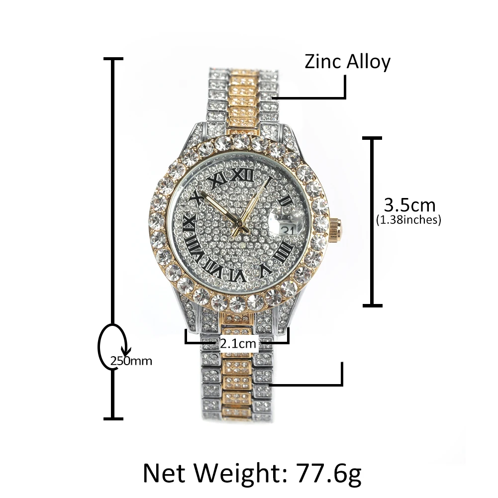 UWIN Round Dial Watch Full Baguettecz CZ Iced Out Pink Dial Quartz Wrist Watches for Women Hip Hop Body Jewelry