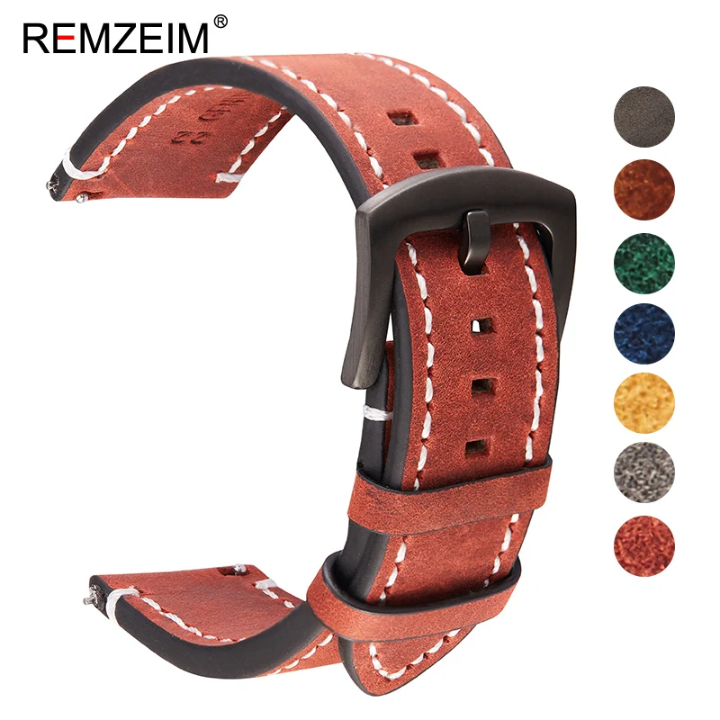 REMZEIM Watch Accessories Watch Strap 18mm 20mm 22mm 24mm Vintage Cow Leather Watch Band Blue Green Brown Black Watchband