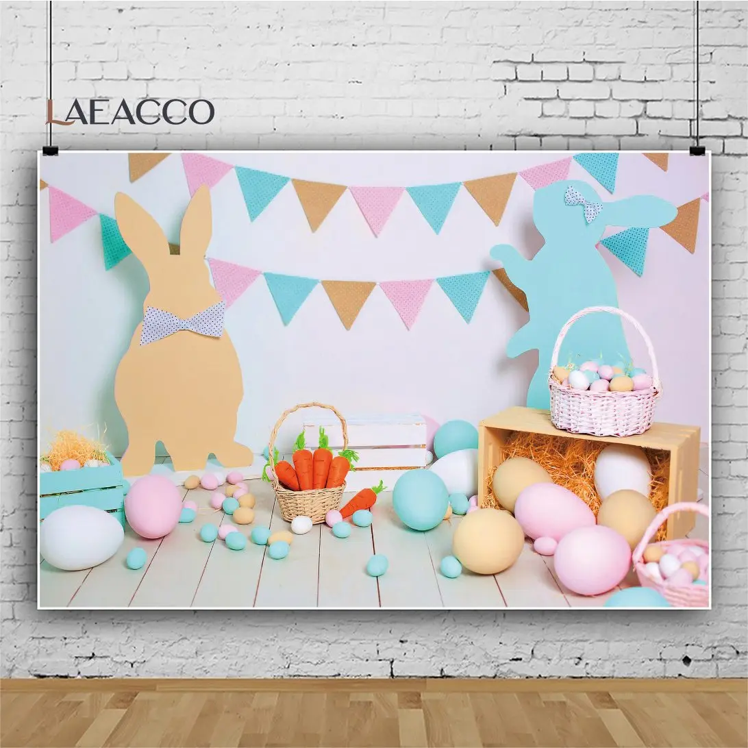 Happy Easter Photography Backdrop Spring Wooden Floor Colorful Eggs Rabbit Background Baby Kids Birthday Party Banner Photograph