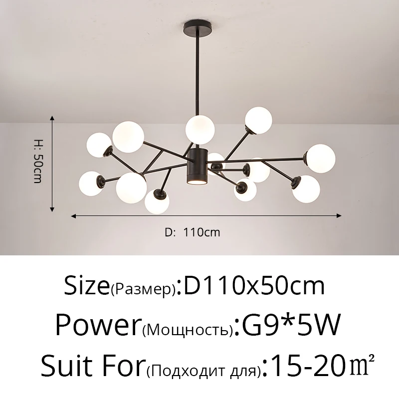Creatieve molecuulvormige kroonluchter Goud Zwarte glazen bollamp Voor woonkamer slaapkamer G9 lampen armaturen Binnenverlichting metalen kroonluchter