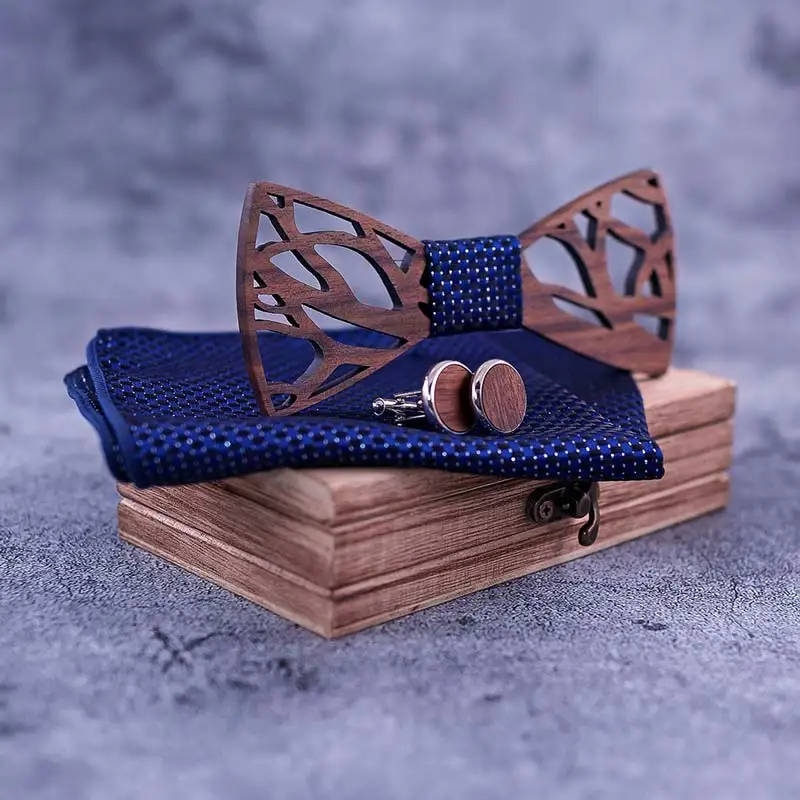 

Wooden Bow Tie Handkerchief Set Men's Plaid Bowtie Wood Hollow Carved Cut Out Floral Design And Box Fashion Novelty Ties