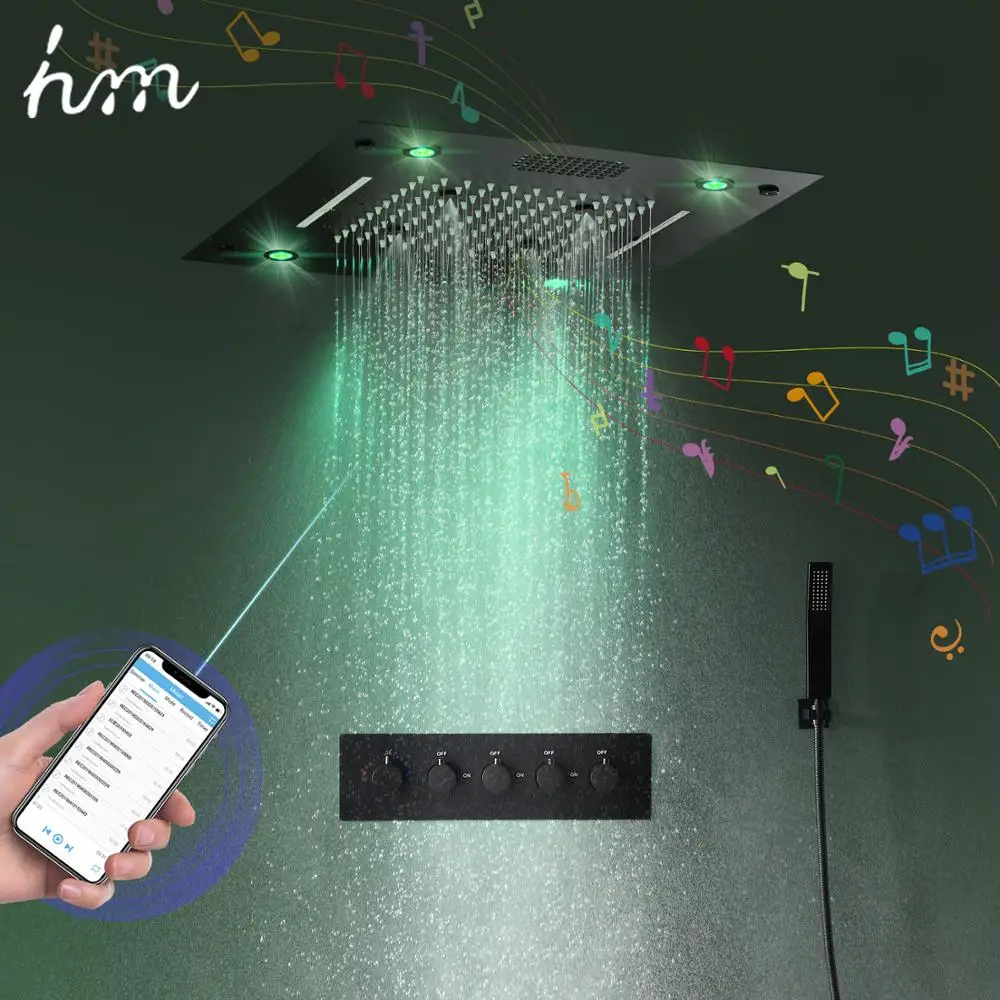 hm Bluetooth Music Shower System Set 16Inch  Bathroom Ceiling LED Shower Head Waterfall Rainfall Thermostatic Mixer Faucets