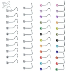 ZS 8-14pcs/lot Stainless Steel Nose Stud Set 2MM Colorful CZ Crystal Nose Piercings Screw L Shape Nostril Piercings Jewelry 20g