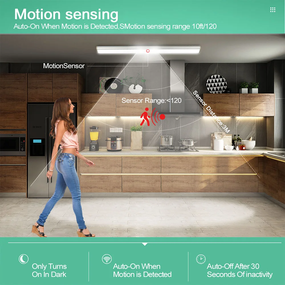 Wireless Under Cupboard Light LED Motion Sensor Cabinet Light USB Rechargeable Long Strip Night Lamp For Kitchen Closet Wardrobe