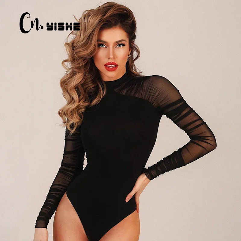 CNYISHE Sexy Mesh Sheer Midnight Bodysuit Women Jumpsuits Patchwork Tight One Piece Rompers Female Tight Overalls Baddie Clothes