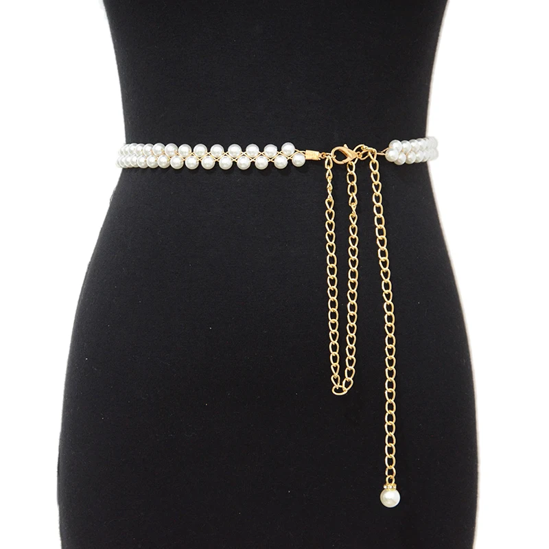 

Luxury Brand 2020 New Fashion Women White Pearl Decoration Thin Belt Elegant Ladies Wild Metal Waist Chain Wrap Dress Bg-1547