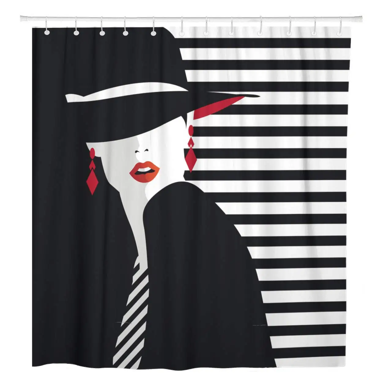 Modern Teenage Girl Woman Model Graphic Makeup Strange Shower Curtain Waterproof Fabric 72 x 72 Inches Set with Hooks