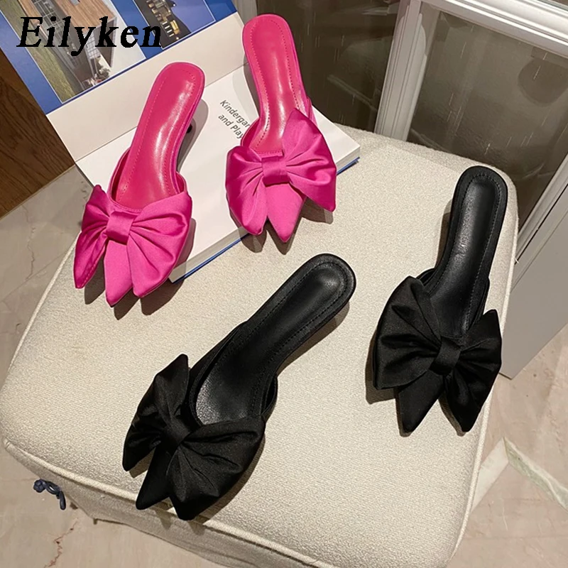 Eilyken New Fashion Butterfly-knot Elegant Dress Pumps Sexy Pointed Toe Shallow Mule Slippers For Women Low Heel  Party Shoes