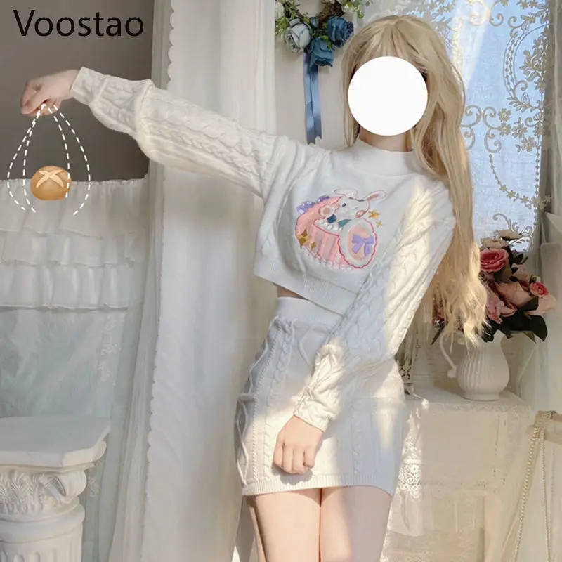 Women Knitted Lolita Sets O-Neck Long Sleeve Casual Crop Tops Kawaii Bunny Embroidery Sweaters Mini Knitted Twist Skirts Suits