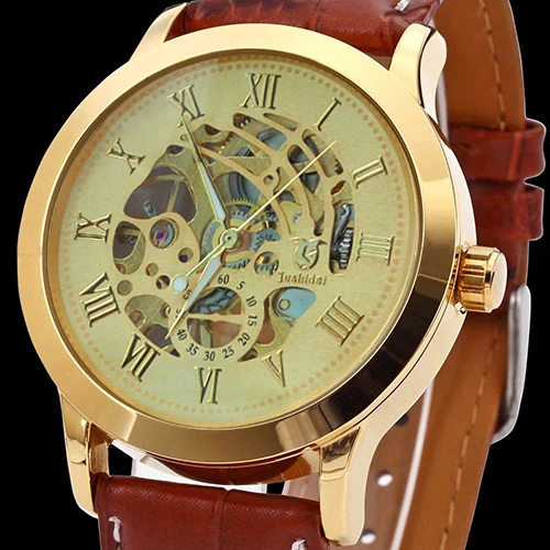 3 Color Men\'s Fashion Roman Numerals Mechanical Skeleton Hollow Dial Wrist Watch Gift New erkek saati мужские часы Mas culin