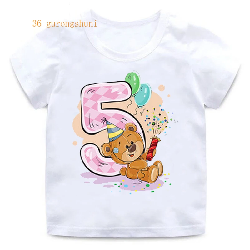 Boy Girl Birthday Bear Number 12 3 4 8 9 Bow Print T shirts Baby cute Cartoon Funny Round Neck Girls T-shirt Best Birthday Gift