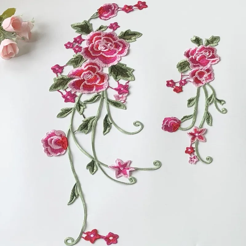 1Set Long Rose Peony Flower Patch Chinese Style Embroidery Patches Clothing Applique Sew  DIY Embroidered Stickers for Clothes