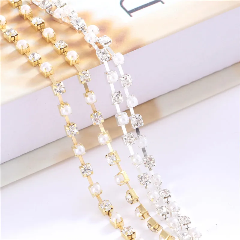 New 4mm Crystal Glass ABS Pearl Rhinestone Chain with Silver Base Faltback Sewing Accessories for  Garment Bags decorations