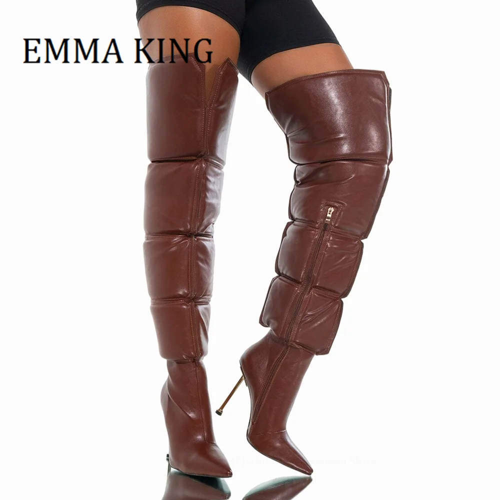 

Women Puffer Shaft Over-the-knee Boots Brown Faux Leather Metallic Stiletto Heel Boots Ladies Ankle Zipper Thigh High Boots 44