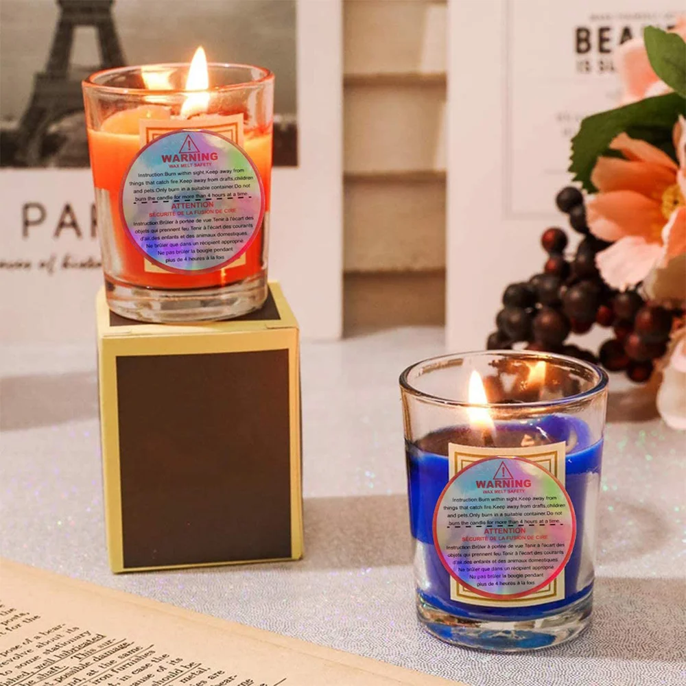 Candle Warning Holographic French Stickers Container Labels Waterproof Strong Wax Melting Safety Stickers Great for Jar