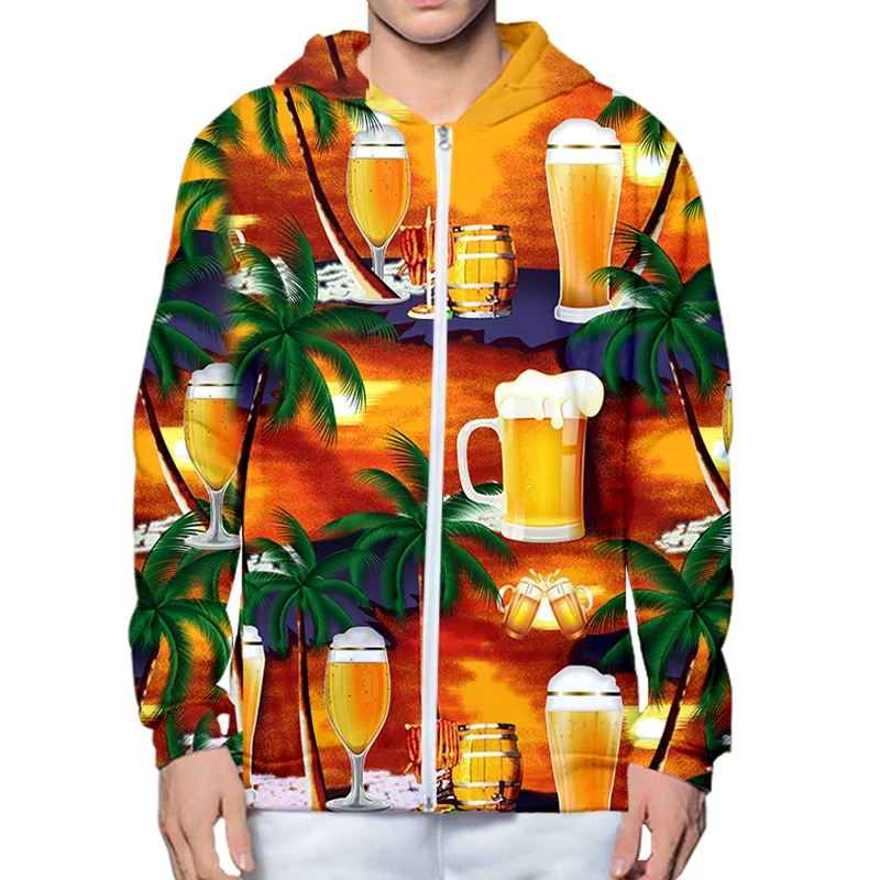 Casual Hawaiian Beer Coconut Tree 3D Print Sweatshirt Zipper Hoodie Men Women Fashion Streetwear Harajuku Jacket Coat Clothes