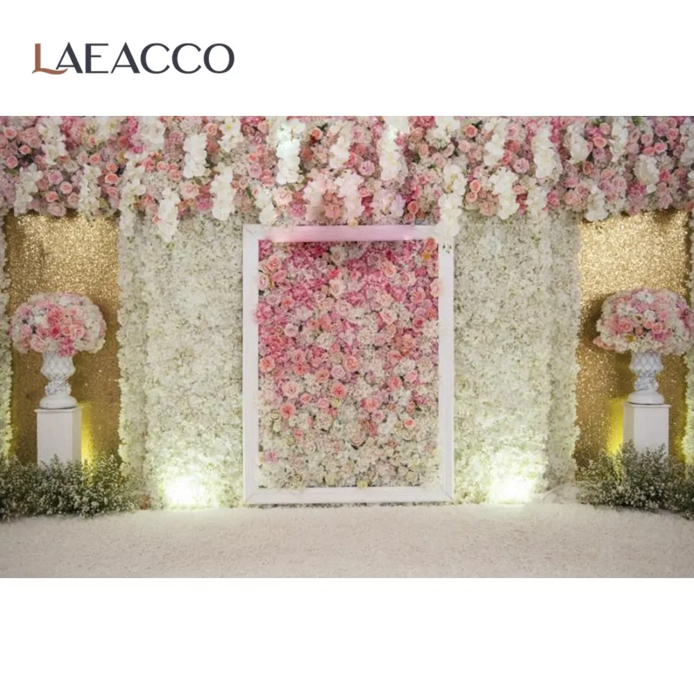 Laeacco Wedding Flower Backdrops Photography Pink Rose Photo Wall Stage Tassel Portrait Photo Background Photocall Photo Studio